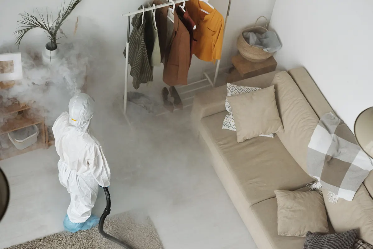 Un technicien en combinaison de protection blanche, vu de dos et en hauteur, diffuse un brouillard de traitement dans un salon.